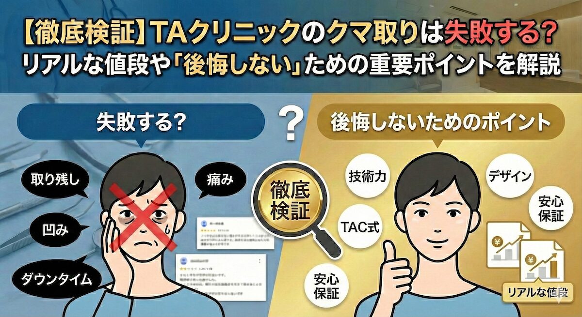 【徹底検証】TAクリニックのクマ取りは失敗する？リアルな値段や「後悔しない」ための重要ポイントを解説のアイキャッチ画像