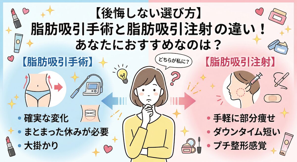【後悔しない選び方】脂肪吸引手術と脂肪吸引注射の違い！あなたにおすすめなのは？のアイキャッチ画像